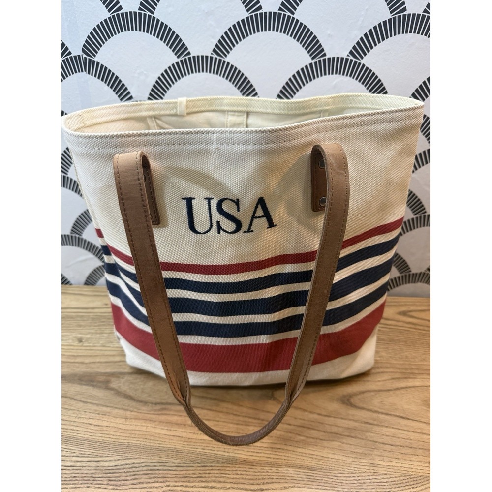 Vtg LL Bean Boat N Tote Canvas Bag Lg Red White Blue‎ Leather Handle Stripe USA